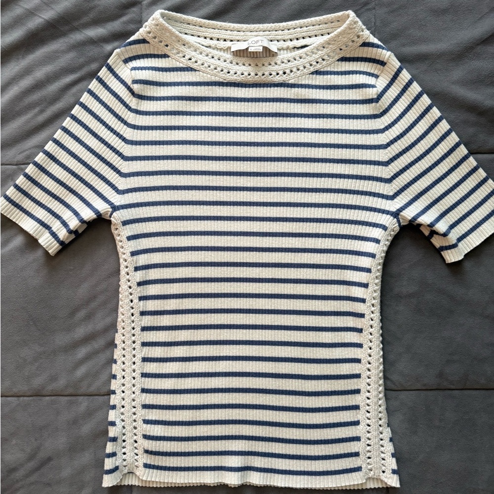 LOFT Cream and Navy Striped Short Sleeve Top